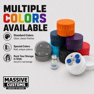 May include: An assortment of colorful, cylindrical storage containers in various colors, including orange, blue, purple, and red. The containers are stacked and displayed with a gray container and a small vial. Text on the image reads "MULTIPLE COLORS AVAILABLE."