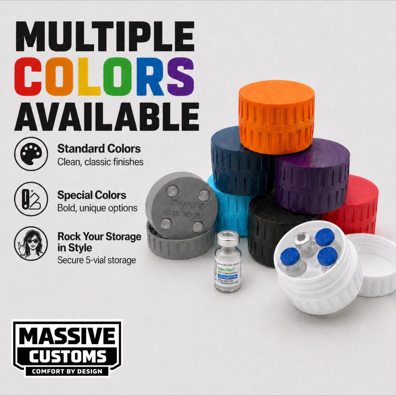 May include: An assortment of colorful, cylindrical storage containers in various colors, including orange, blue, purple, and red. The containers are stacked and displayed with a gray container and a small vial. Text on the image reads "MULTIPLE COLORS AVAILABLE."
