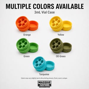 May include: A product image showcasing 3mL vial cases in various colors: orange, yellow, green, OD green, and turquoise. Each case has a circular design with multiple holes. The text "MULTIPLE COLORS AVAILABLE" and "3mL Vial Case" are displayed.