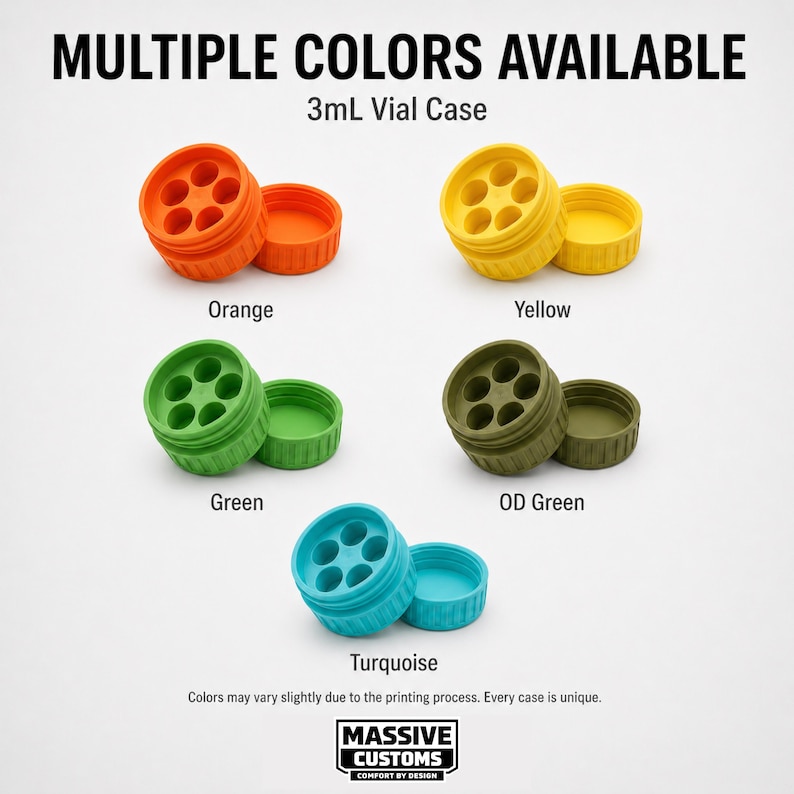 May include: A product image showcasing 3mL vial cases in various colors: orange, yellow, green, OD green, and turquoise. Each case has a circular design with multiple holes. The text "MULTIPLE COLORS AVAILABLE" and "3mL Vial Case" are displayed.