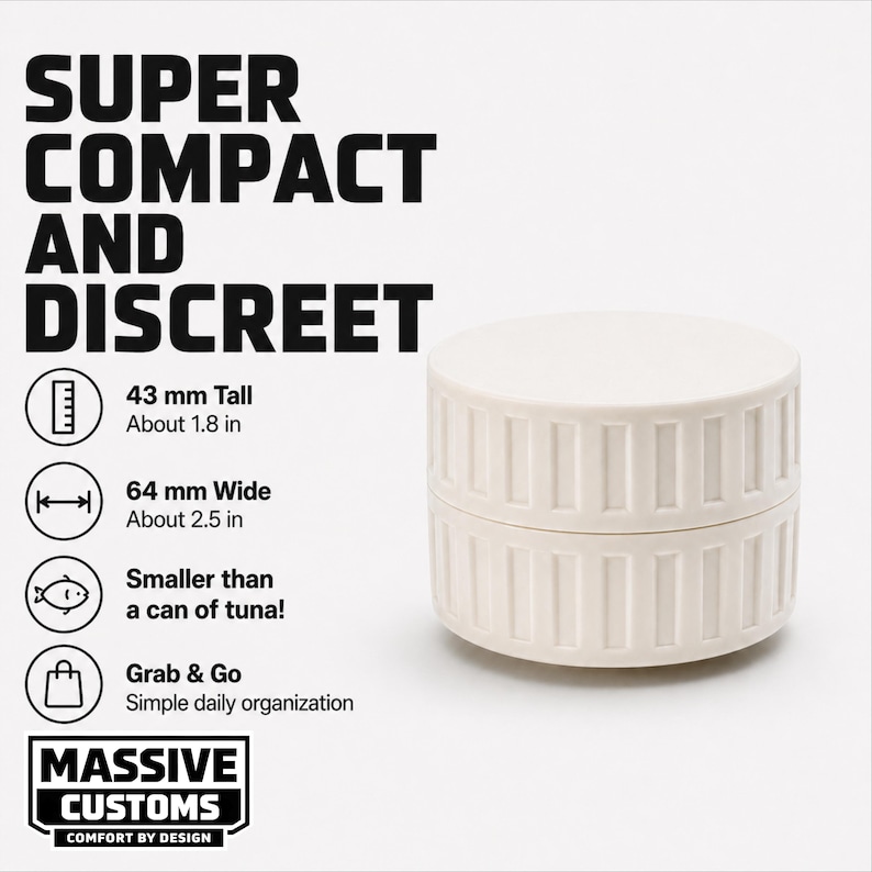 May include: A compact, off-white container with a cylindrical shape. The container is approximately 1.8 inches tall and 2.5 inches wide. The text on the image reads "SUPER COMPACT AND DISCREET".