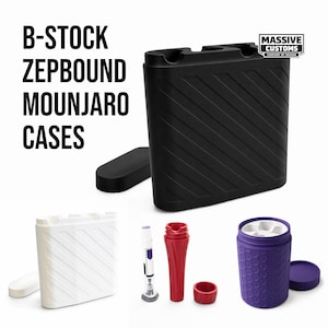 May include: B-Stock Zepbound Mounjaro cases with text. Includes a black rectangular case with a lid, a white rectangular case with a lid, a red cylindrical case with a cap, a purple cylindrical case with a lid, and a medical injection pen.