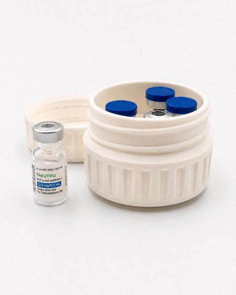 May include: A white container with a lid, holding several small vials with blue caps. One vial is outside the container, labeled "NeuYeu" with text indicating dosage and use. The image is set against a white background.