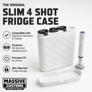 May include: A white Slim 4 Shot Fridge Case with the text "THE ORIGINAL SLIM 4 SHOT FRIDGE CASE". The case has a matching white tray and a white pen with a purple top. The case is designed for discreet fridge storage.