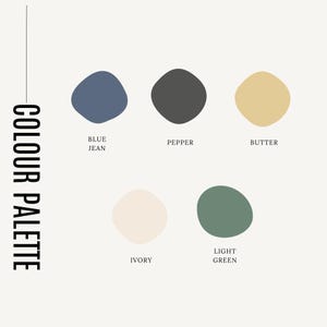 May include: A color palette graphic with five color swatches: blue jean, pepper, butter, ivory, and light green. The words "COLOUR PALETTE" are printed vertically on the left side of the image.