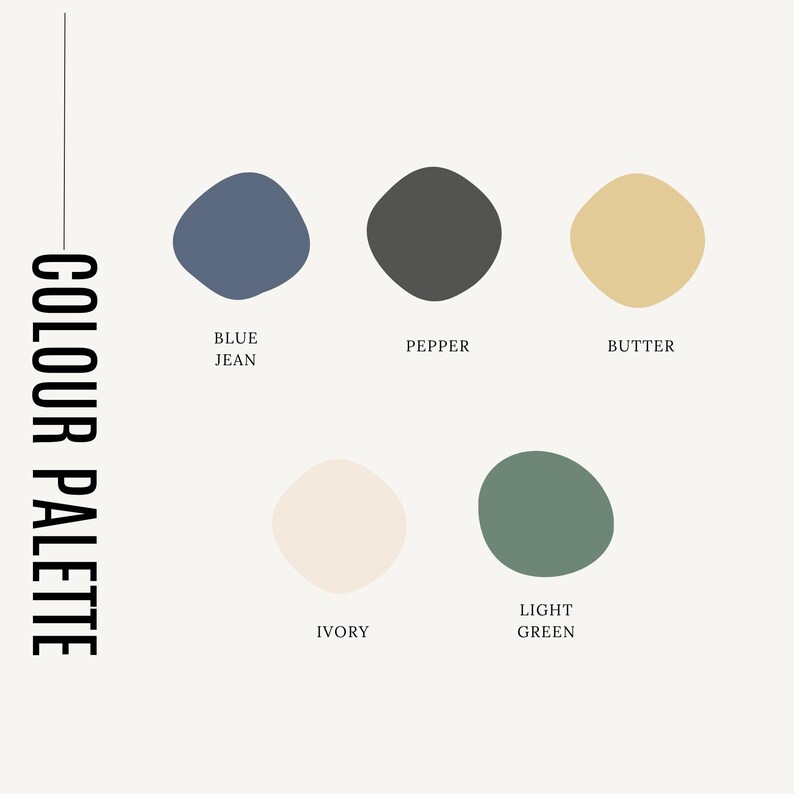 May include: A color palette graphic with five color swatches: blue jean, pepper, butter, ivory, and light green. The words "COLOUR PALETTE" are printed vertically on the left side of the image.