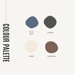 May include: A color palette graphic with four abstract shapes in blue jean, pepper, ivory, and espresso. The text "COLOUR PALETTE" is vertically aligned on the left side of the image, with the color names below each shape.