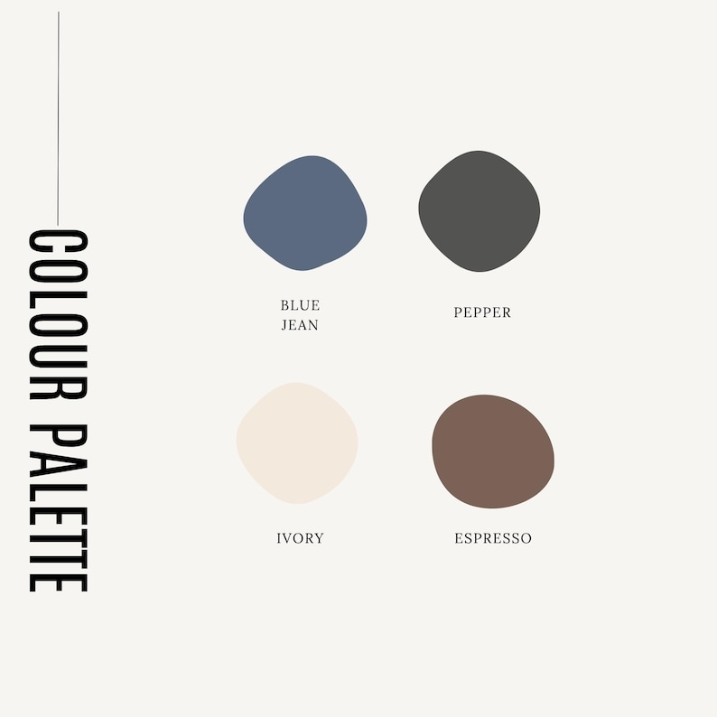 May include: A color palette graphic with four abstract shapes in blue jean, pepper, ivory, and espresso. The text "COLOUR PALETTE" is vertically aligned on the left side of the image, with the color names below each shape.