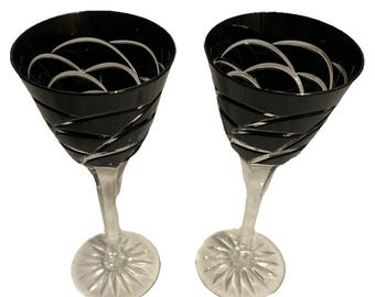 Pair Ajka Black Onyx Cut To Clear Crystal Water or Wine Glasses 7.5” Perfect