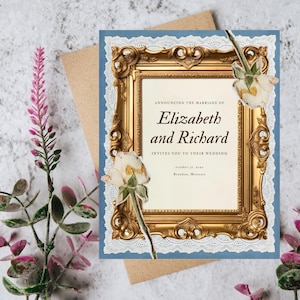 Romantic Blue & Lace Wedding Invitation – Editable Canva Template for Elegant Weddings,  Elegant Blue Gold Wedding Invitation