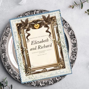 Elegant Victorian Wedding Invitation, Gold Frame Doves, Antique Lace & Gold Wedding Invitation, Digital Canva Template