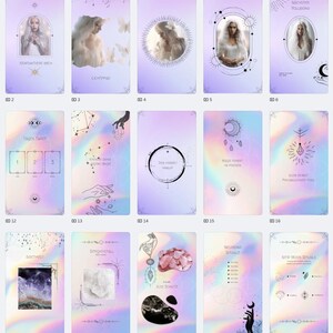 May include: A collection of 26 digital phone wallpapers with a celestial and mystical theme. The wallpapers feature a variety of designs, including stars, moons, crystals, and tarot cards. The color scheme is predominantly purple and pink with holographic accents.