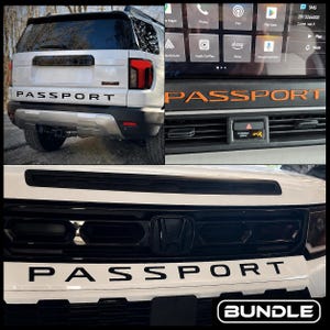 May include: A white Honda Passport SUV featuring black lettering on the rear and front exterior, with an interior dashboard display showing the word PASSPORT in orange lettering and a digital infotainment screen with various app icons.