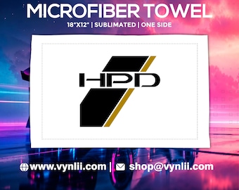May include: White microfiber towel, 18" x 12", with the text "MICROFIBER TOWEL" at the top. The towel features a black and gold logo with the letters "HPD". The website address www.vynlii.com and email shop@vynlii.com are also displayed.