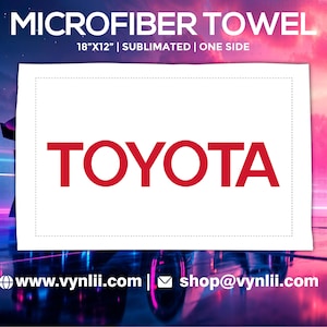 May include: Microfibre towel featuring the word "TOYOTA" in red on a white panel. The towel measures 45.7cm x 30.5cm and is sublimated. The background is a gradient of pink, blue, and purple. The text "MICROFIBER TOWEL" is at the top.