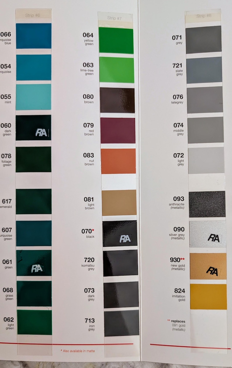 May include: Color swatches arranged in vertical strips, showcasing a variety of hues. The palette includes shades of blue, green, brown, and gray, with metallic and matte finishes. Each color is labeled with a number and a descriptive name.