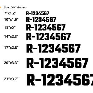 May include: A white background displays a series of black text options. Each option includes a size in inches and a corresponding alphanumeric code, such as "R-1234567". Sizes range from 7"x1.2" to 23"x3.7".