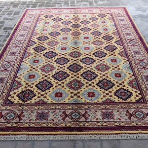 7x10 Large Fine Bukhara Rug/ Authentic Handmade Afghan Rug/ Yellow Turkmen Oriental Rug/ Geometric Tribal Rug/ Vintage Area Rug Living Room