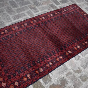 3x6&#39;7 ft Vintage Balochi Rug, Handmade Wool Rug 3x7 Afghan Antique Geometric Turkmen Caucasian Fine Pile Wool Rug, Bedroom Rug, Kitchen Rug
