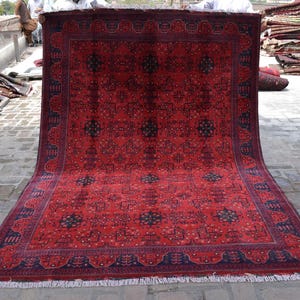 7x10 Large Turkmen Bukhara Rug/ Authentic Afghan Handmade Wool Rug/ Turkmen Tribal Rug/ Red Oriental Rug/ Bedroom Area Rug/ Living Room Rug