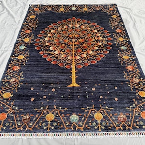 Alfombra afgana azul con diseño del Árbol de la Vida de 1,2 x 1,8 m, hecha a mano en lana con motivos pictóricos, alfombra tribal oriental vintage, alfombra con estampado de granada estilo bohemio.