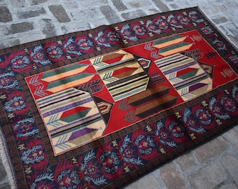 Tappeto Balochi afgano vintage, 4 x 6 piedi, tappeto geometrico in lana annodato a mano