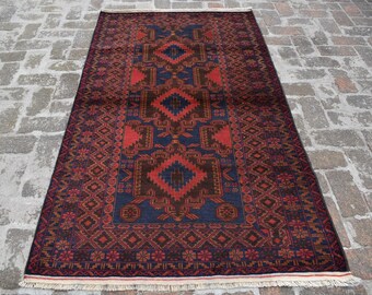 Vintage Balochi Rug, 4x7 ft Navy Blue and Red Afghan Tribal Rug