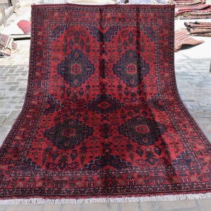 7x10 Authentic Hand-knotted Afghan Rug Collector&#39;s Piece Red Navy Blue Turkmen Oriental Rug/ Geometric Large Area Rug/ Rugs for Living Room
