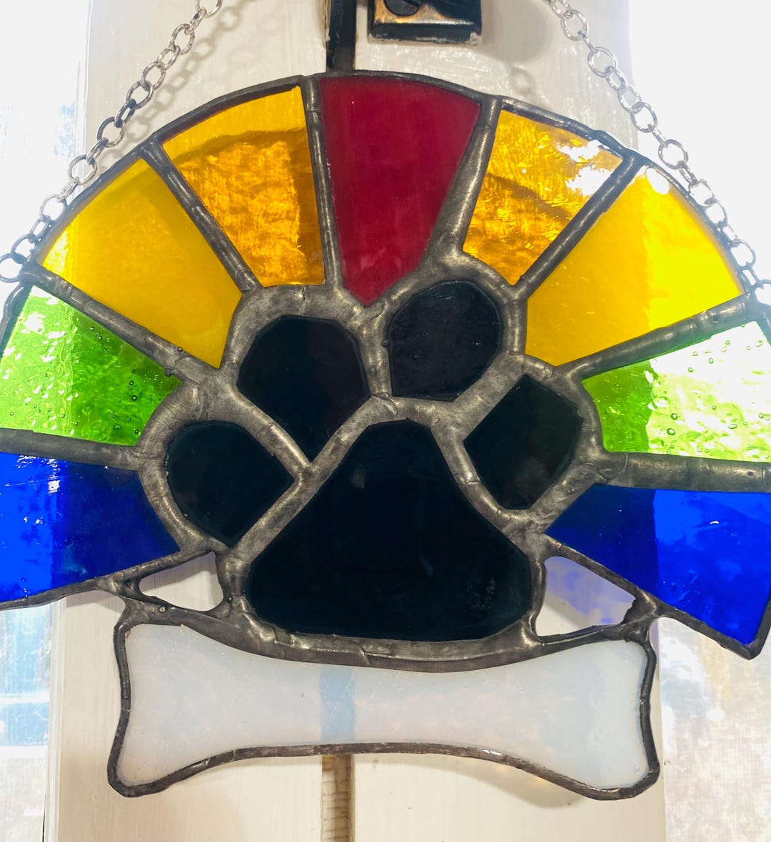Stained Glass Suncatcher: Rainbow Bridge Paw Print Memorial Ornament - Etsy