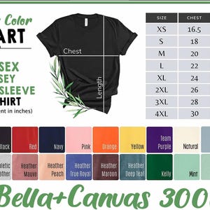 May include: A size and color chart for a Bella+Canvas 3001 unisex jersey short sleeve t-shirt. The image displays a black t-shirt with chest and length measurement lines, a sizing table in inches, and a grid of twenty-four available color swatches.