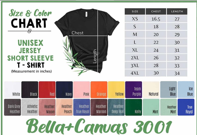 May include: A size and color chart for a Bella+Canvas 3001 unisex jersey short sleeve t-shirt. The image displays a black t-shirt with chest and length measurement lines, a sizing table in inches, and a grid of twenty-four available color swatches.