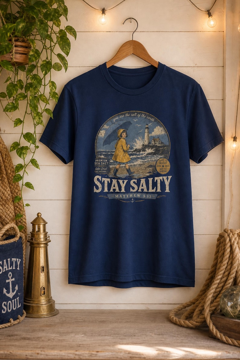 May include: A navy blue short-sleeve t-shirt featuring a graphic print of a person in a yellow raincoat walking on a beach near a lighthouse. The text reads "STAY SALTY" and "MATTHEW 5:13" along with "PREMIUM SEA SALT" and "you are the salt of the earth."