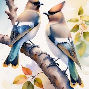 Op de afbeelding: Twee blauwe en bruine vogels met gele accenten zitten op een tak met herfstbladeren. De vogels kijken elkaar aan en hebben hun vleugels gevouwen.