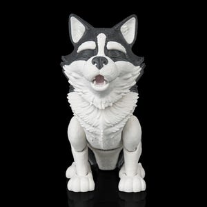 May include: A 3D-printed figurine of a husky dog in a sitting position. The dog has black and white fur, with its eyes closed and mouth open. The figurine is set against a black background.