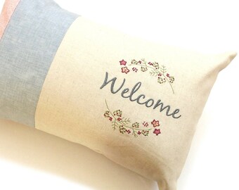 Floral pillow, On Sale Spring home decor, 16 x 10 bolster style, embroidered Welcome cushion