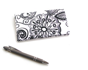 Floral checkbook cover two pocket design, black white modern