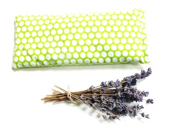 Organic lavender heating pad, microwavable eye pillow, hot cold pack, soft flannel, lime green