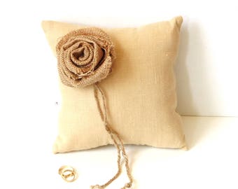 Small ring bearer pillow, linen fabric with burlap rose, rustic summer country wedding