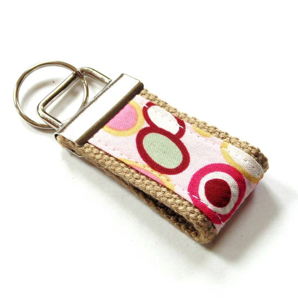 Small key fob loop in retro pink and green fabric, mini key chain
