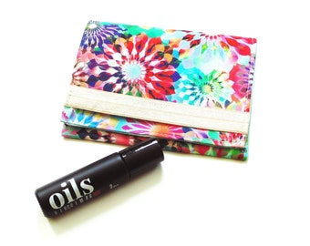 Essential oil bag for 3 roller ball bottles, elastic closure mini organizer, kaleidoscope design fabric