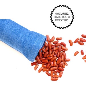 May include: A blue denim fabric pouch with red kidney beans spilling out. The pouch is unfilled and the beans are for reference only.