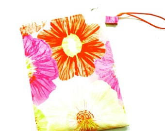 Large wet bag, 9 x 12, zip pouch, waterproof lining, wristlet strap, hot pink & orange floral cotton