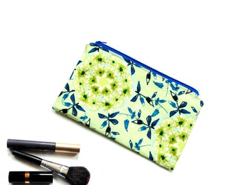 Zipper pouch cosmetic bag for purse, Essential oils bag for travel, botanical wildflower cotton