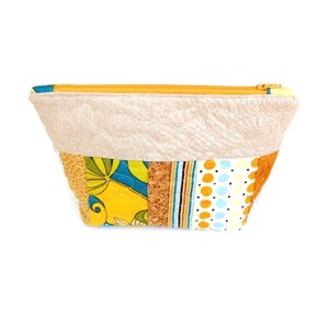 Cosmetic bag quilted cotton zipper pouch, mustard yellow & blue, travel makeup case