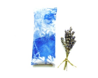 Organic lavender eye pillow, Shibori tie dyed cotton, flax seed rice bag, microwave heating pad