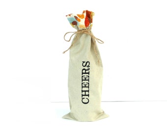 Wine bottle gift bag, drawstring pouch, embroidered linen Cheers