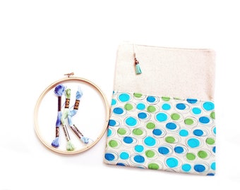 Large zipper pouch with pocket, blue & green cotton bag for cross stitch, crafts, embroidery hoop, books