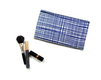 Zipper pouch, blue white cotton with essential oils organizer option, cosmetics makeup bag for purse