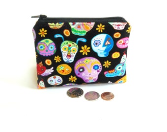 Change purse zipper pouch, women or teens wallet, sugar skeleton cotton fabric