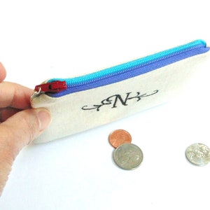 Custom change purse, personalized zipper pouch, embroidered with initial or name image 2